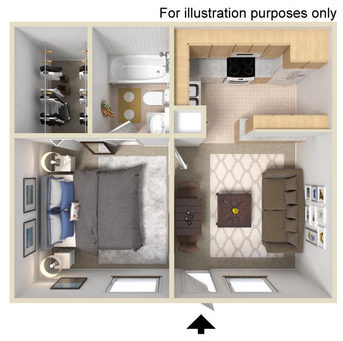 Floor plan for 1 bed, 1 bath, 418 sqft